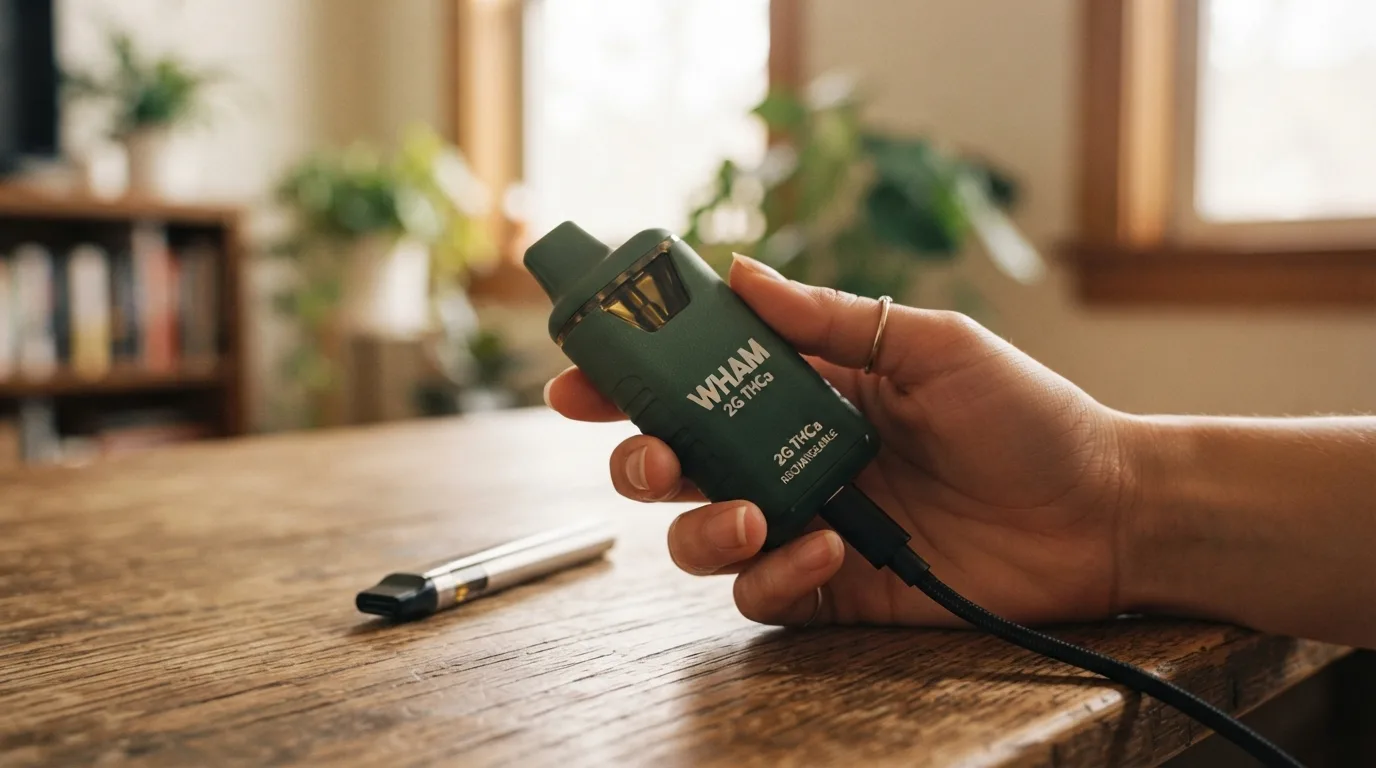 A rechargeable 2G WHAM THCa vape charging via USB-C beside a smaller 1g pen for size comparison.