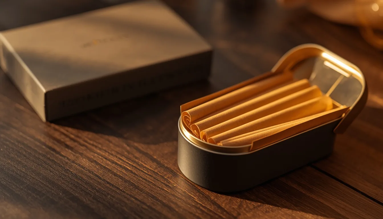 A row of slim twist-tipped pre-roll cones in a premium matte-black tin on a warm walnut table, editorial golden-hour lighting