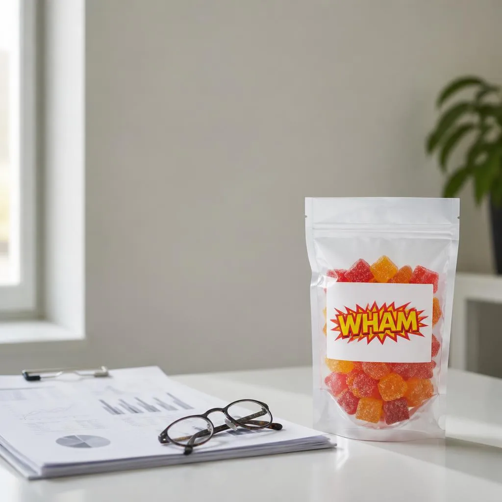 A WHAM gummy pack standing upright on a white desk beside a folded lab report and reading glasses.