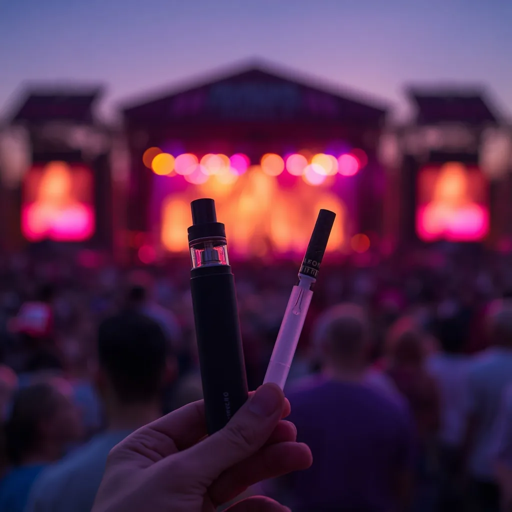 Cannabis disposable vape and pre-roll held up against glowing festival stage lights at dusk