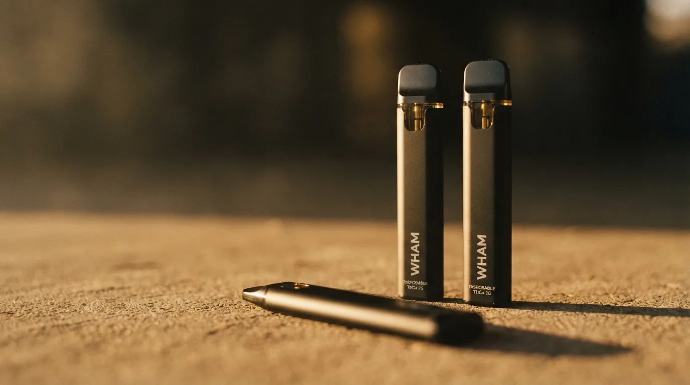 Sleek WHAM disposable THCa vape pens arranged on a warm concrete surface, premium product lighting.