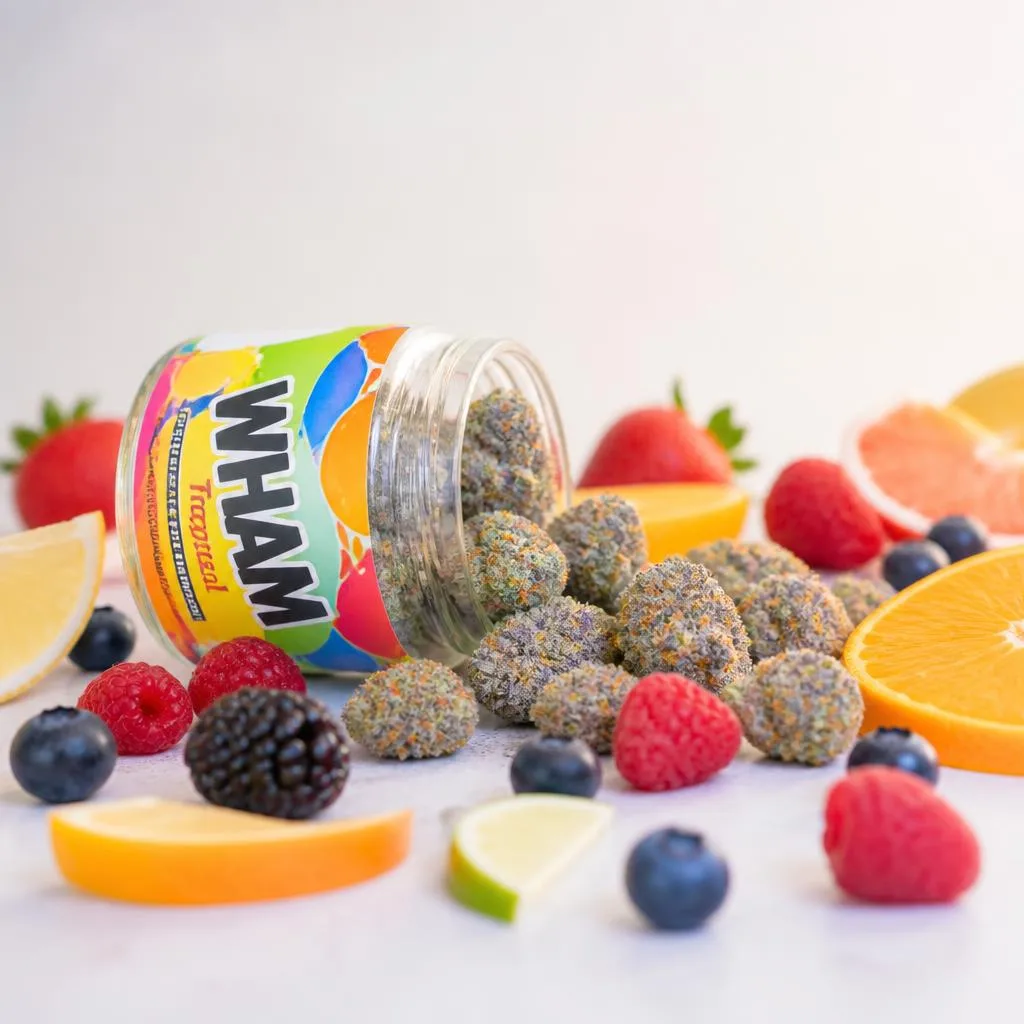 Colorful frosty fruity THCa buds spilling from a WHAM jar with fresh berries and citrus.