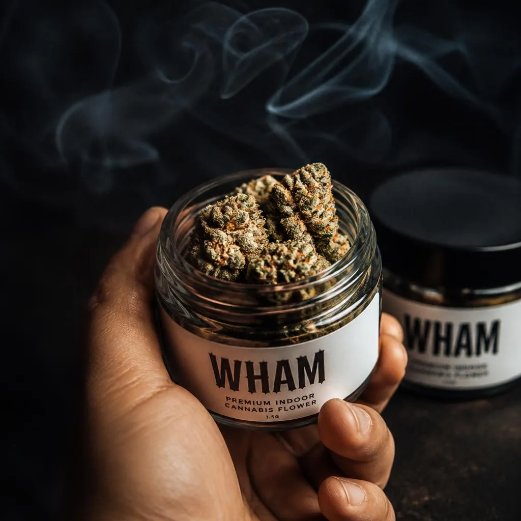 Frosty top-shelf gas THCa flower in a WHAM glass jar, backlit to show trichome coverage.