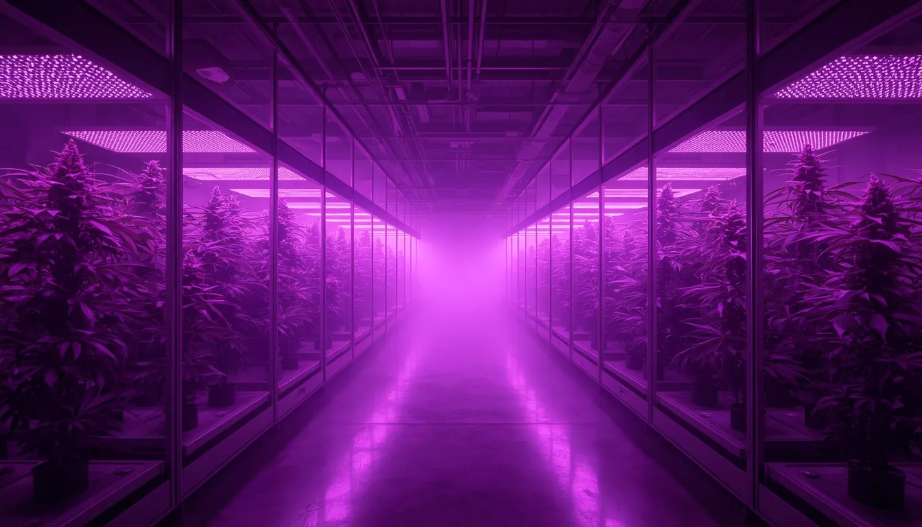 Sleek climate-controlled indoor cultivation room under purple LED grow lights — the standard behind top-shelf indoor THCa flower