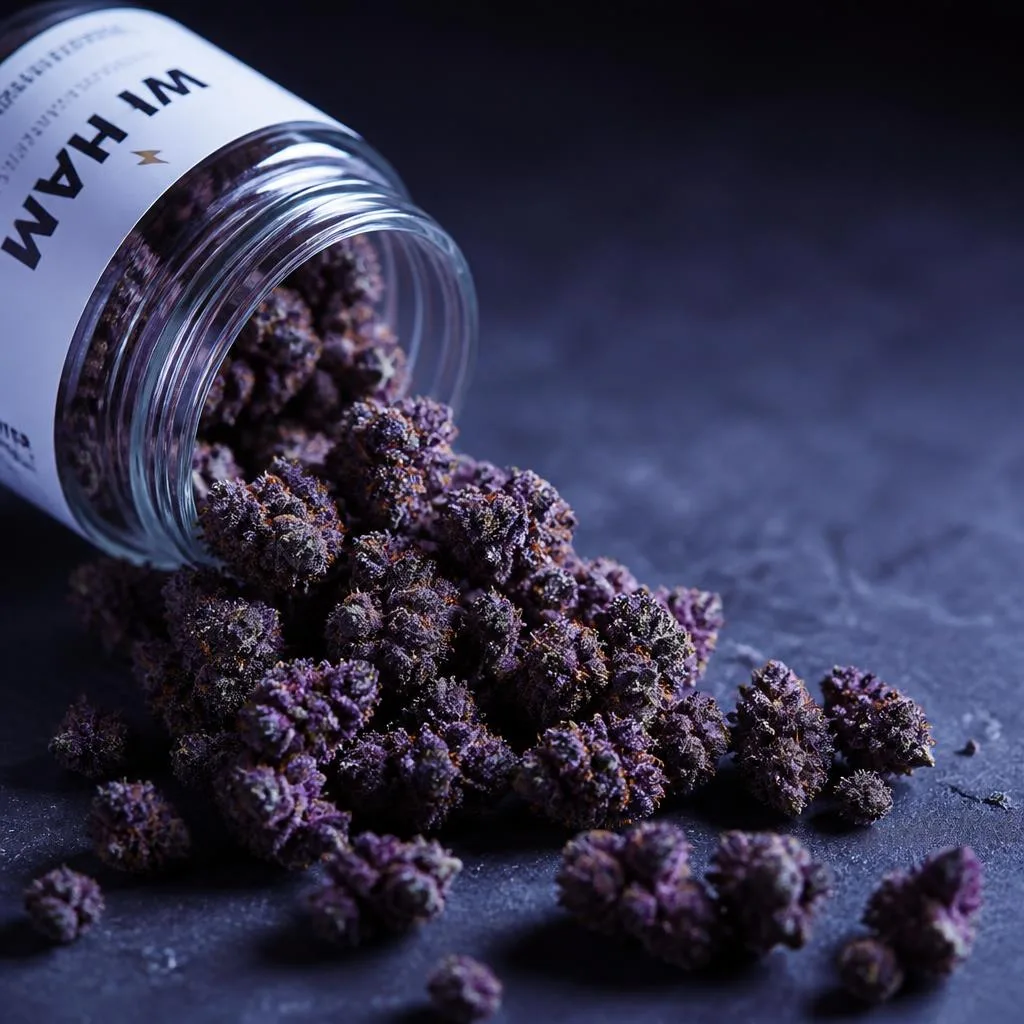 Deep purple THCa flower buds spilling from a WHAM glass jar, showing frosty violet coloration.