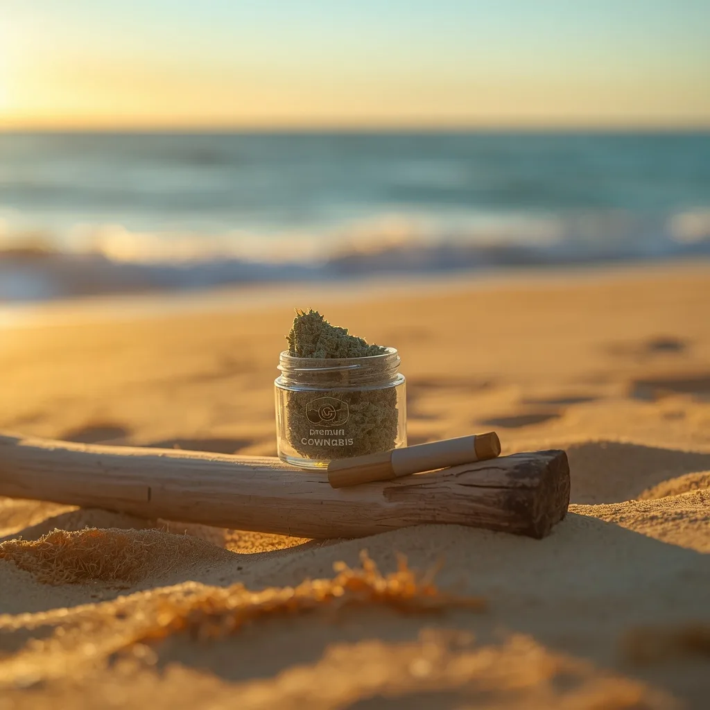 Premium THCa flower jar and pre-roll on driftwood at a sunlit beach during golden hour