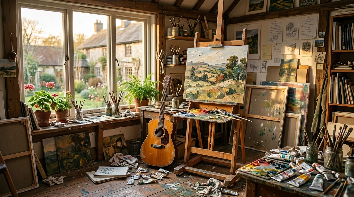 Cozy artist studio with a canvas, paints and a guitar in warm light