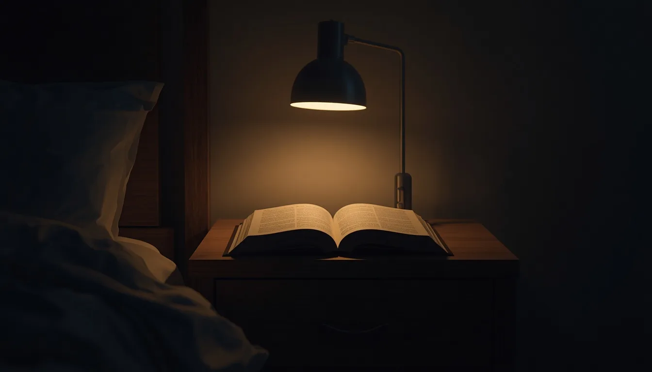 Dim bedside lamp and open book at night