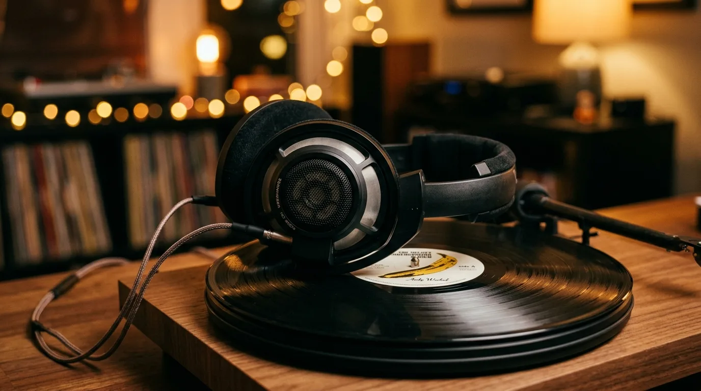 Premium headphones resting on a vinyl record with warm bokeh