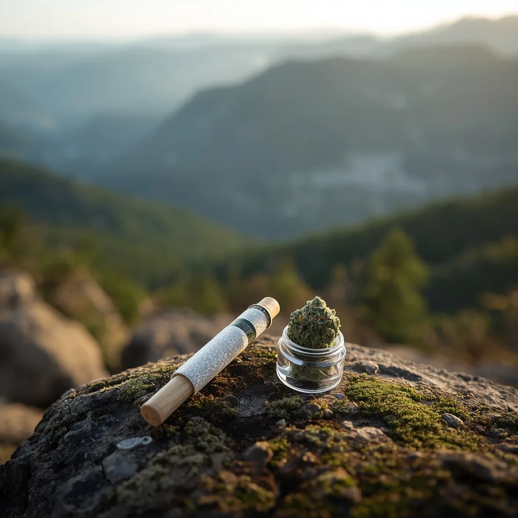 THCa pre-roll and flower jar on a mossy rock at a sunrise mountain trail overlook