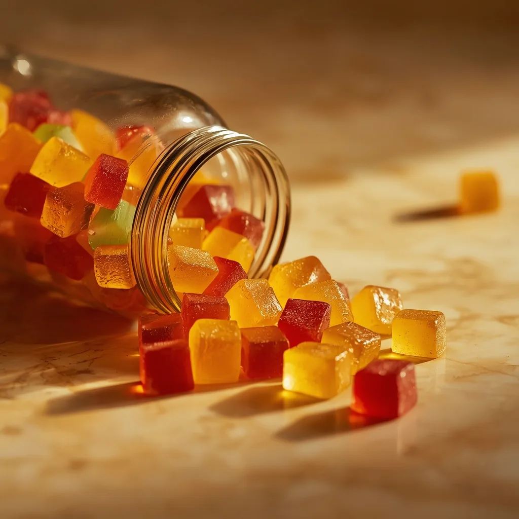 Colorful THC fruit gummies spilling from a glass jar onto marble, premium styling.