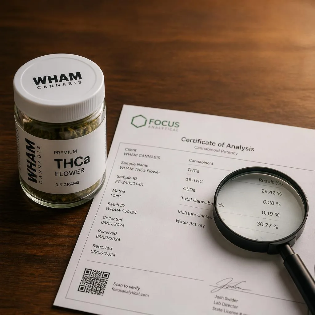 A WHAM THCa jar beside a third-party lab report and magnifying glass, illustrating how to verify a legit THCa brand.