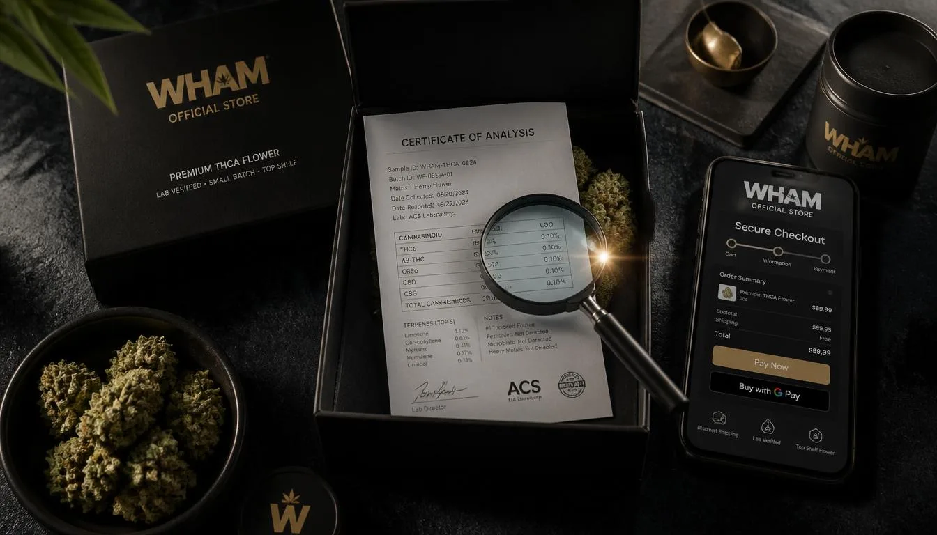 WHAM official store box, lab Certificate of Analysis under a magnifying glass, and a secure checkout screen — verifying the best THCa flower online
