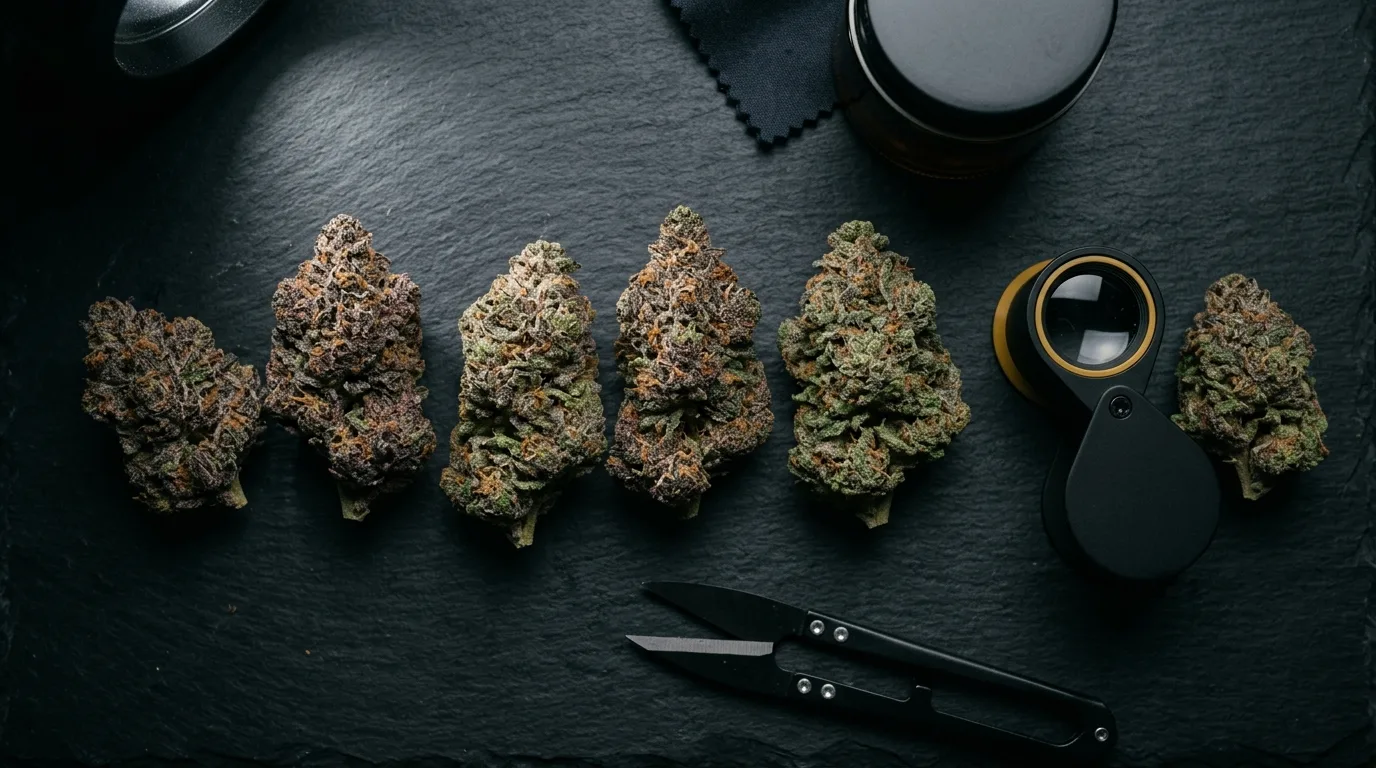 Lineup of frosty top-shelf THCa flower buds on slate with a loupe — the best strains of 2026