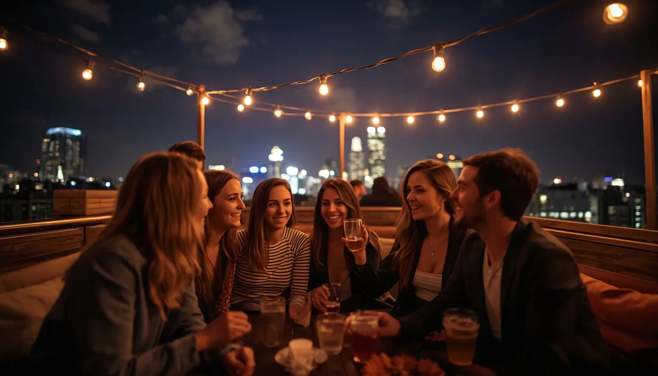 Friends enjoying a rooftop night out under warm string lights