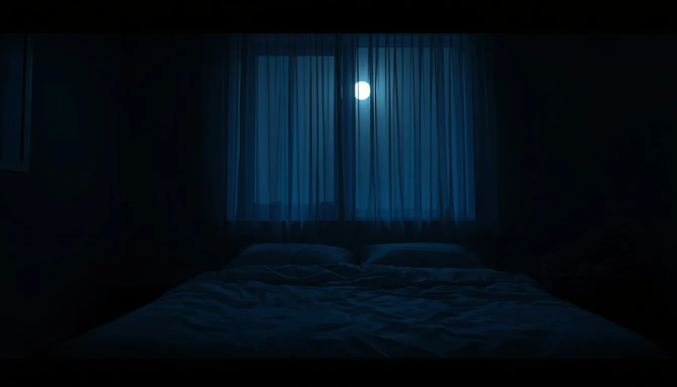 Calm dark bedroom with soft moonlight, restful sleep scene