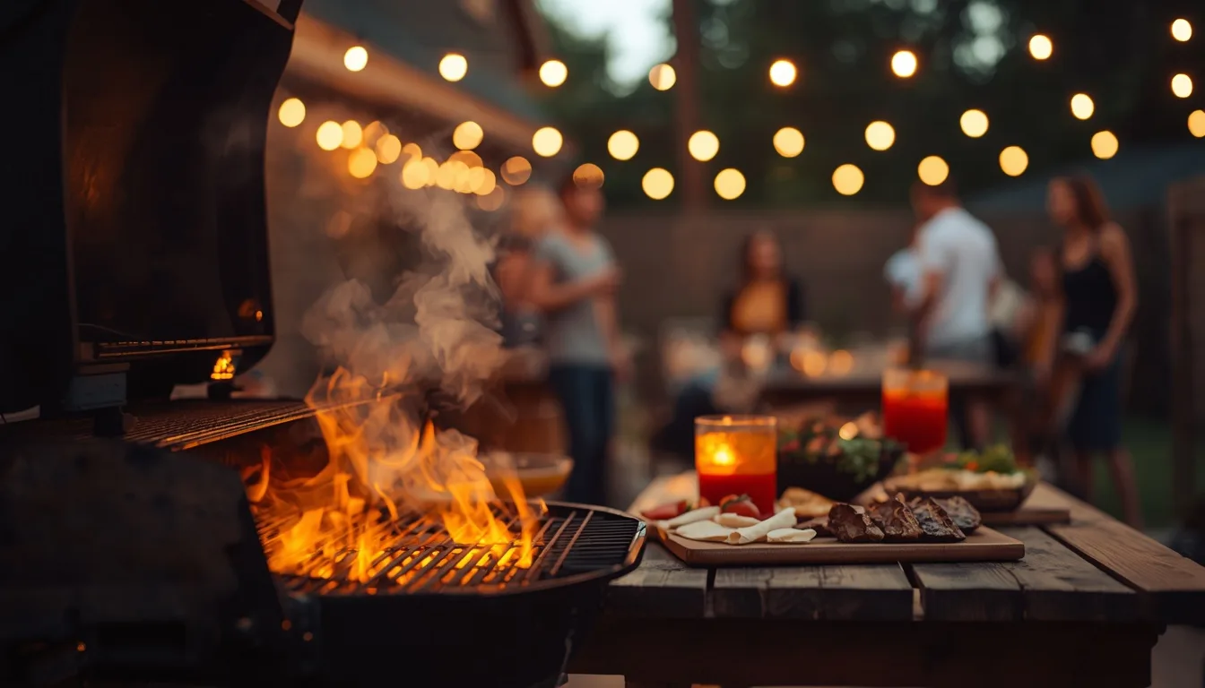 Backyard summer cookout at golden hour with a glowing grill and string lights