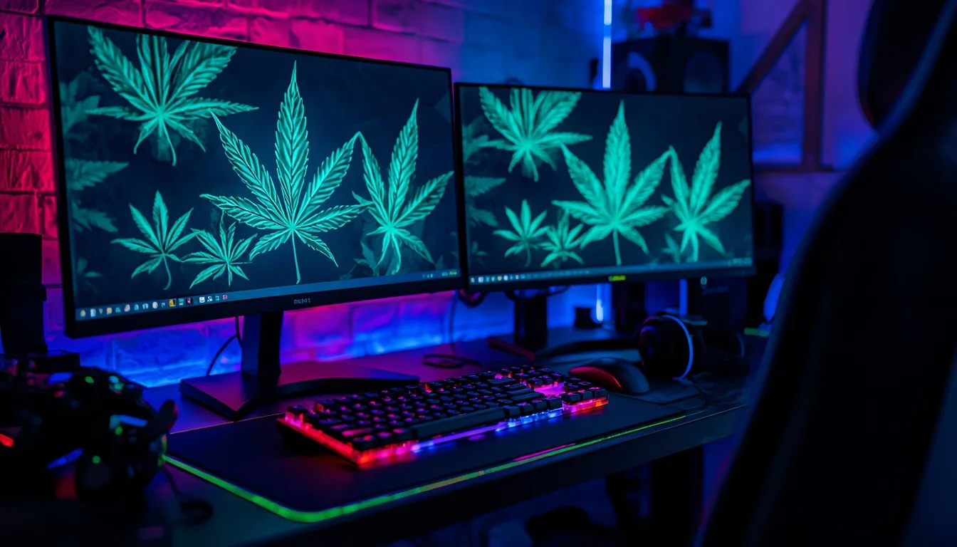 Neon-lit night gaming setup with glowing keyboard and monitors