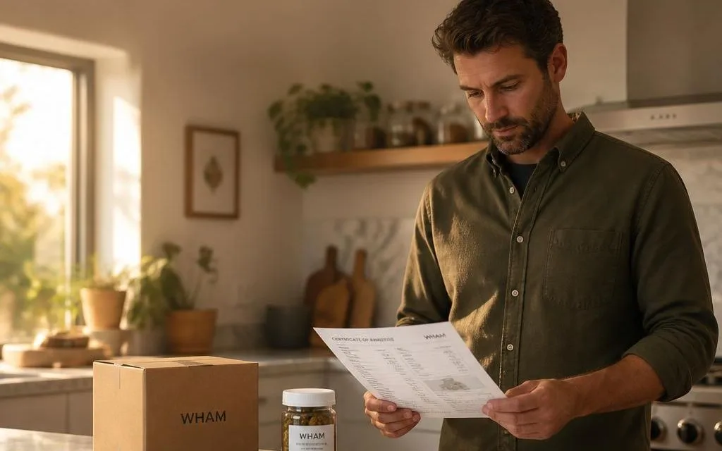 A man reviewing a THCa certificate of analysis beside a sealed, labeled WHAM jar and shipping box