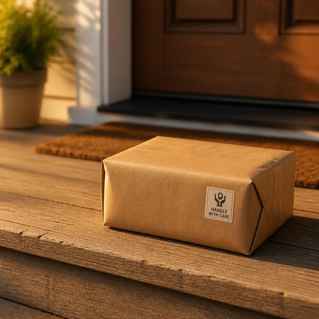A discreet unbranded shipping parcel on a warm sunlit doorstep, representing legal, discreet THCa delivery.