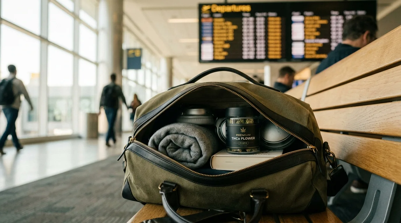 Sealed labeled THCa flower jar packed in a carry-on bag at the airport — flying with hemp-derived THCa