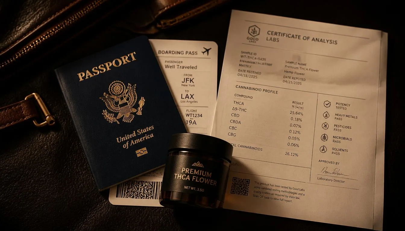Passport, boarding pass and a lab-tested THCa flower jar — traveling with THCa flower