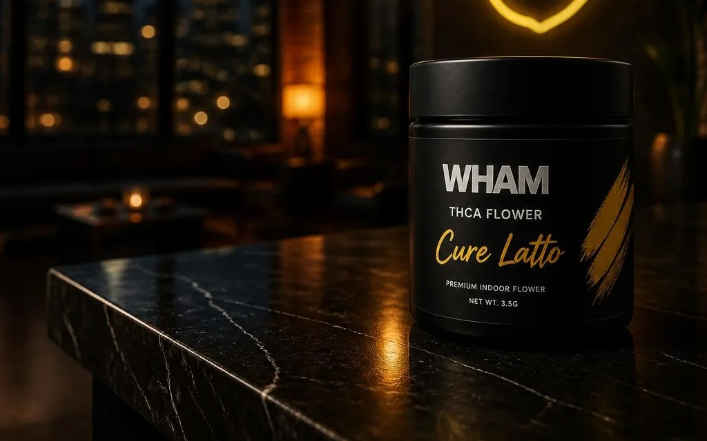 WHAM Cure Latto THCa flower jar on a dark marble counter, Atlanta skyline and a glowing ATL neon behind