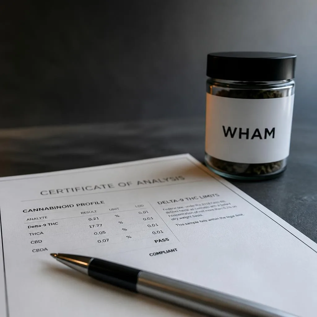 A printed certificate of analysis in sharp focus on dark slate, a sealed WHAM jar blurred behind it.