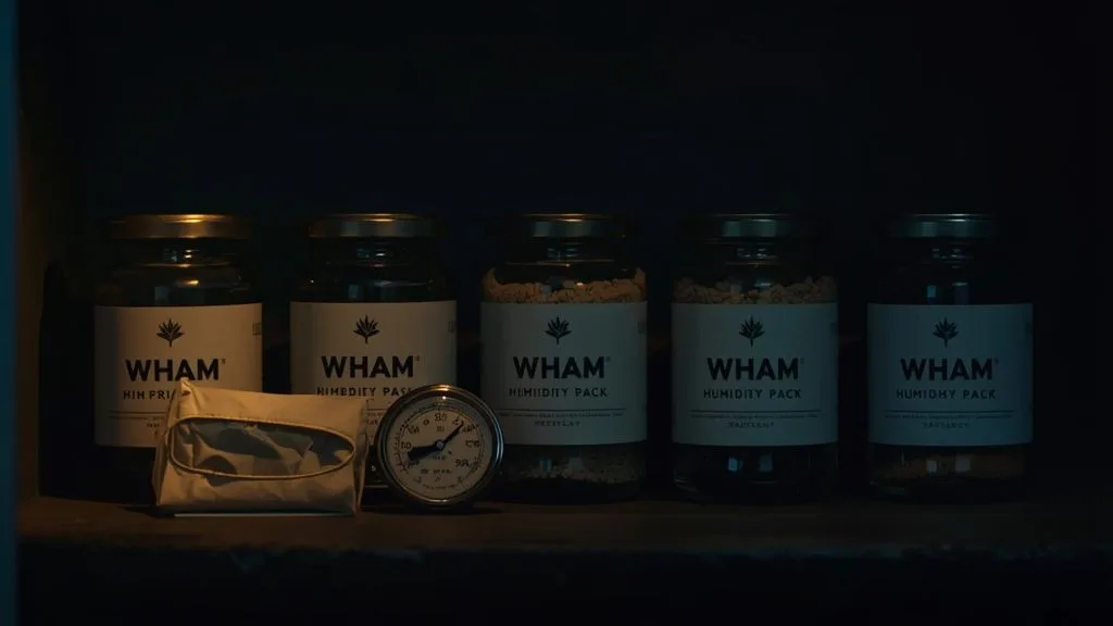 Sealed WHAM glass jars stored on a cool dark shelf with a humidity pack and hygrometer