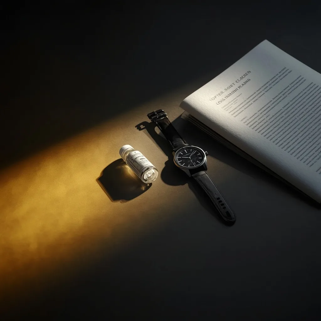 Lab sample vial, a document and a watch on a dark surface — illustrating THC drug-test detection windows