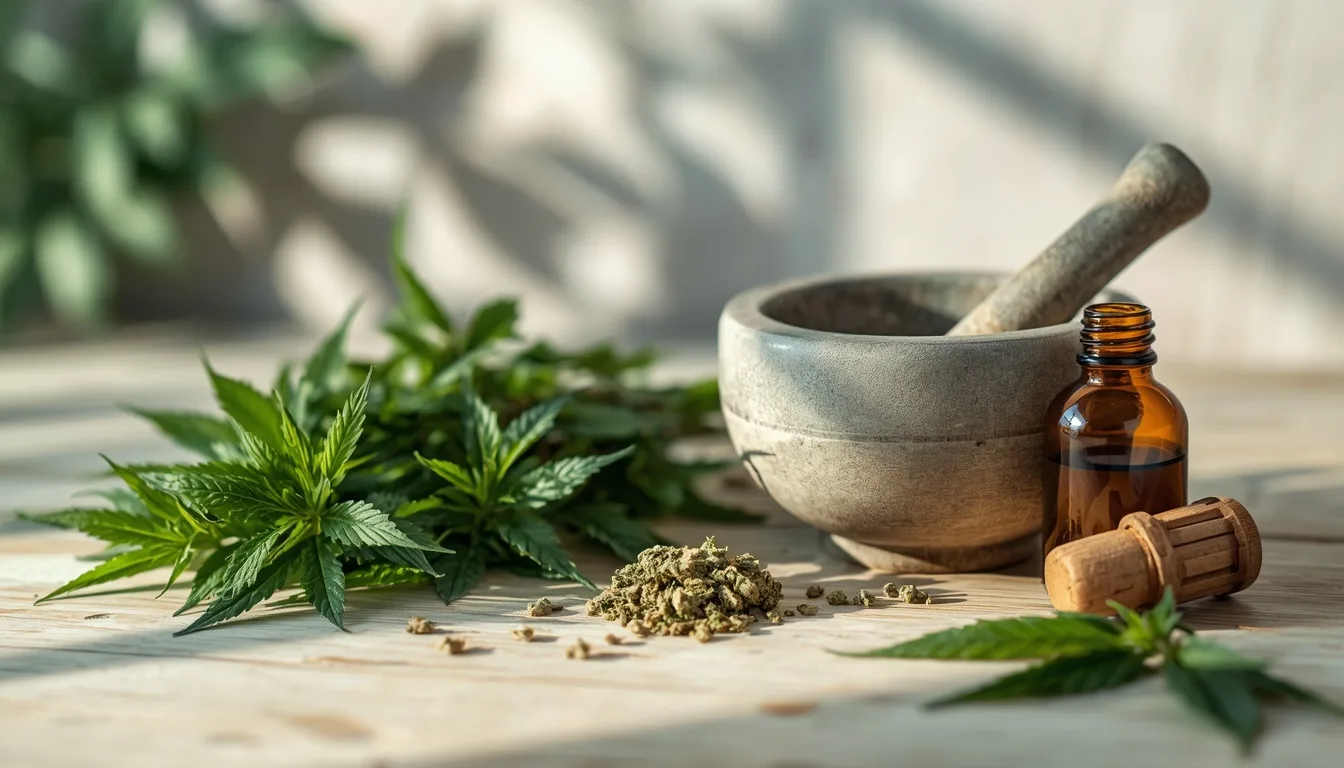 Botanical wellness still life with herbs, mortar and dropper in soft light