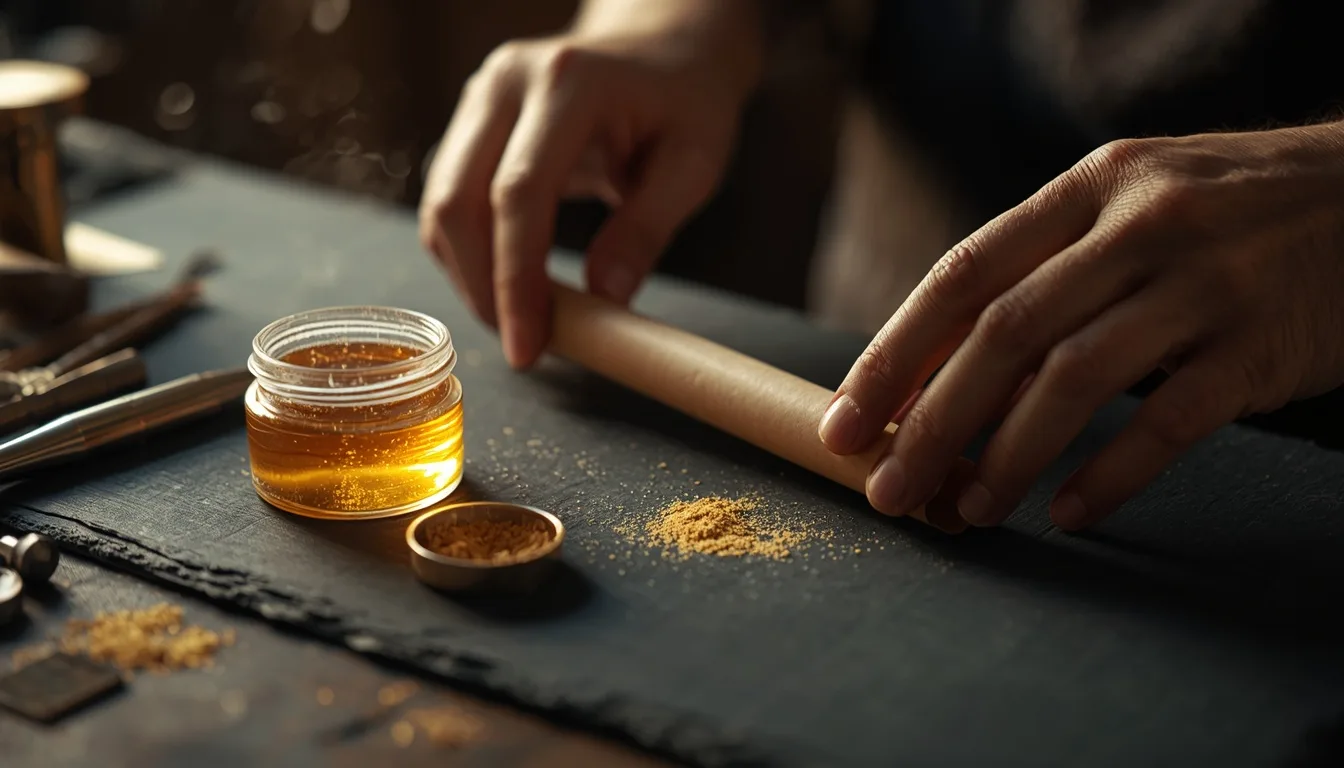 Artisan hands crafting a slim paper cone on a workbench beside a jar of golden-amber resin and fine golden powder, warm cinematic craft lighting
