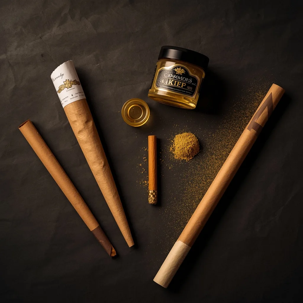 Overhead flat-lay of rolling papers, golden kief, concentrate, and a finished infused pre-roll on dark textured paper