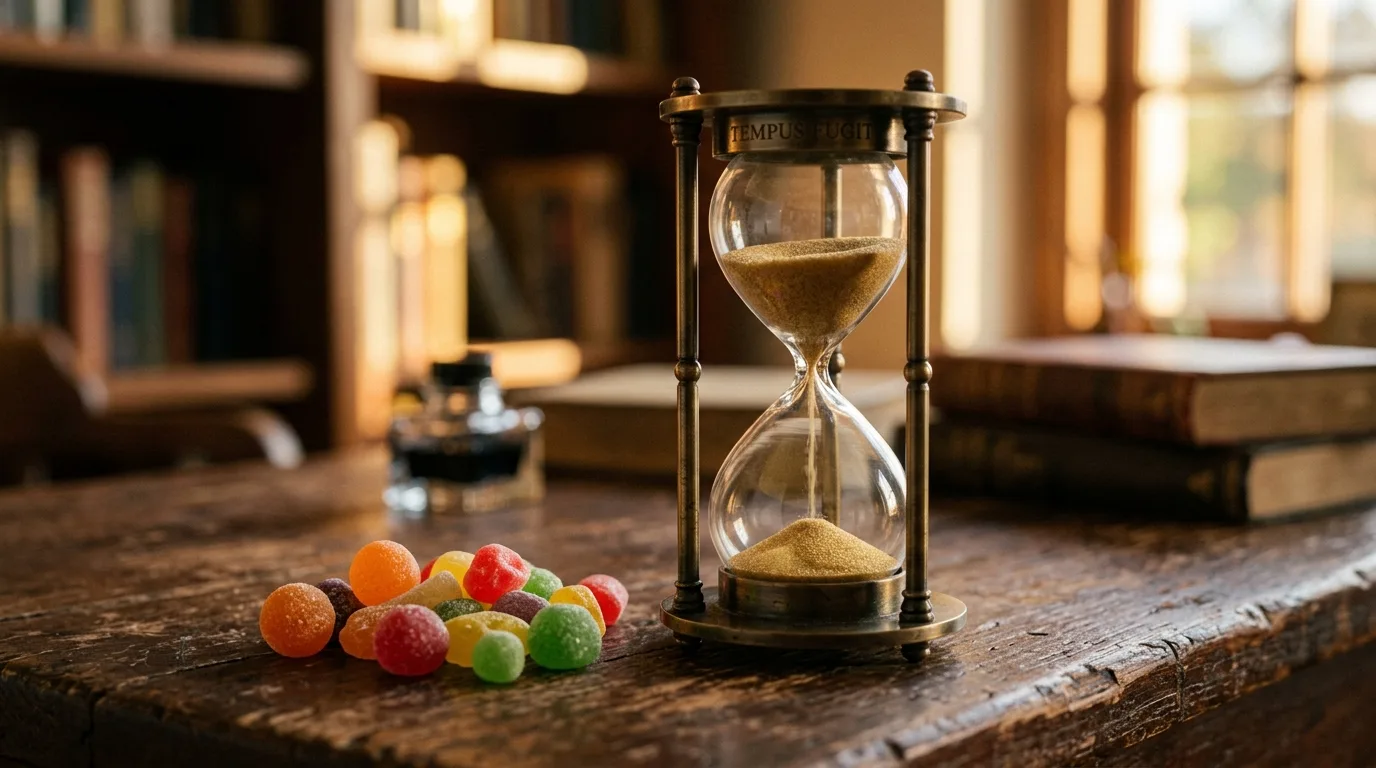 Hourglass beside colorful fruit candies on a clean surface