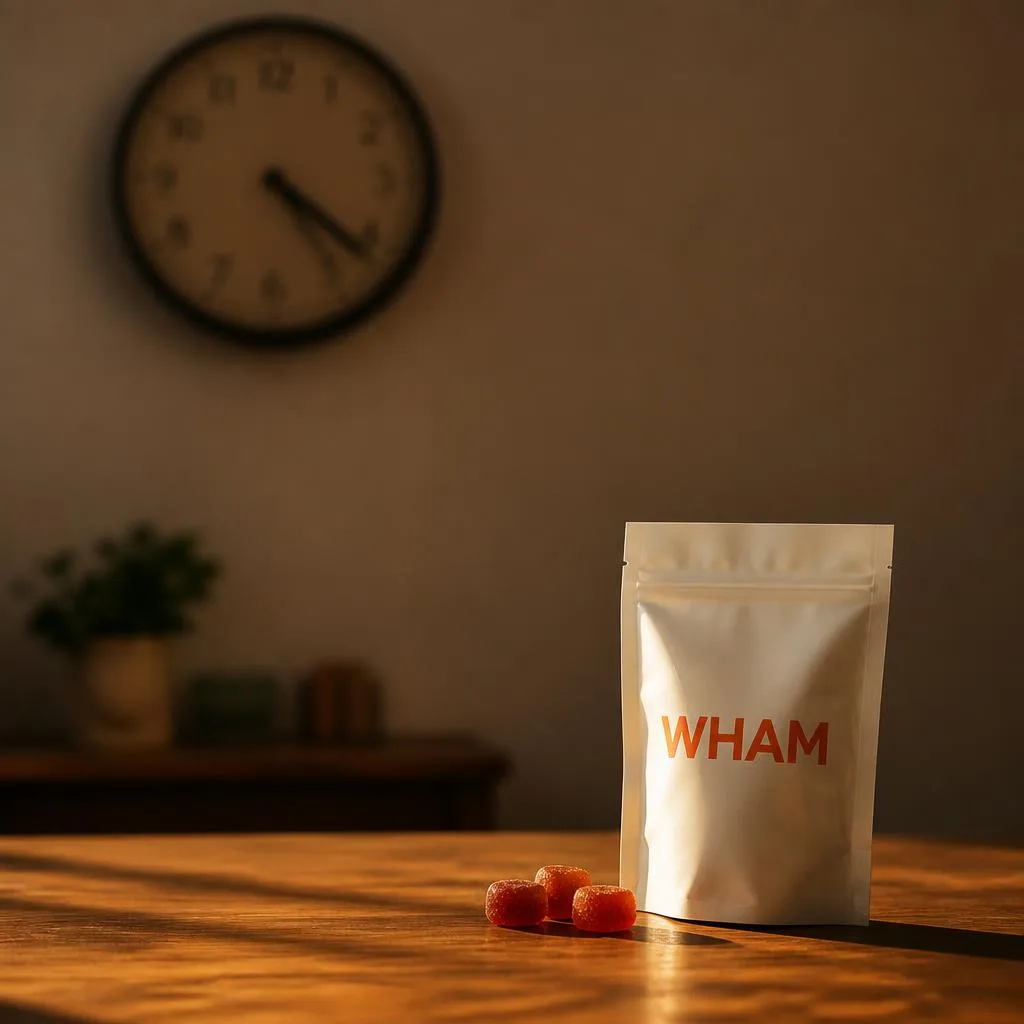 A WHAM gummy pack sharp on a wooden table with a wall clock softly out of focus behind it in late-afternoon light.