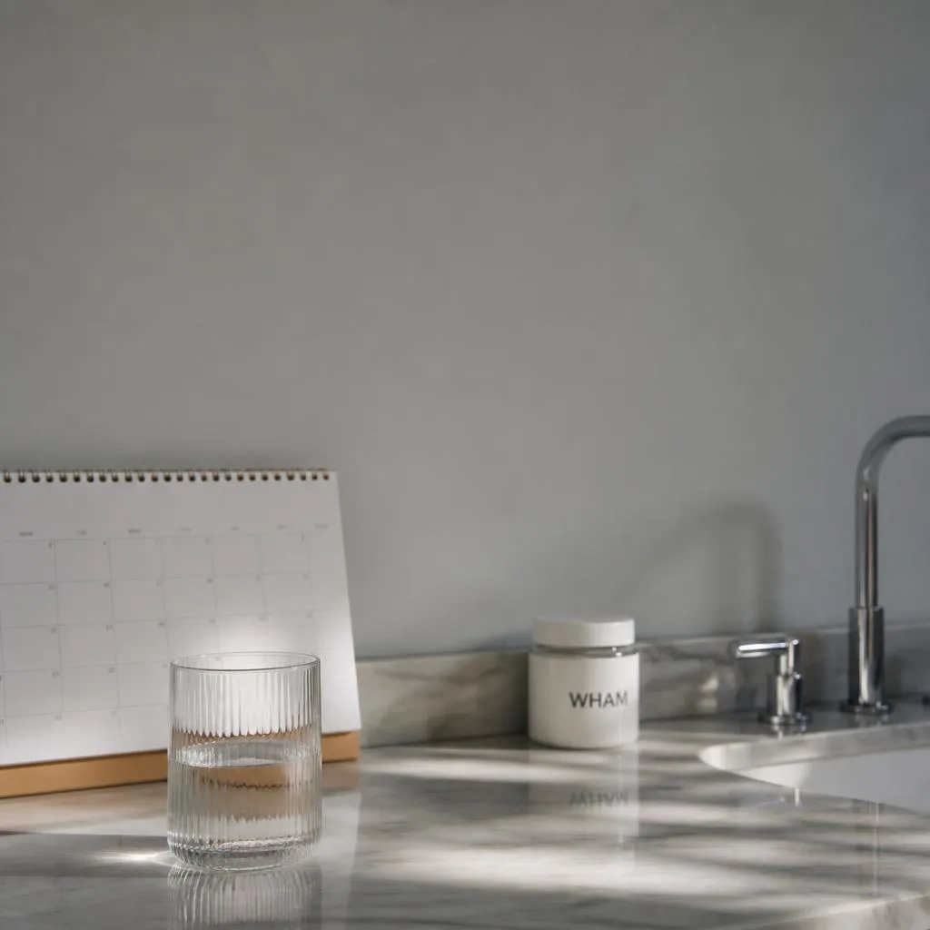 A minimal bathroom counter in cool morning light: a glass of water, a wall calendar out of focus, a WHAM jar set back.
