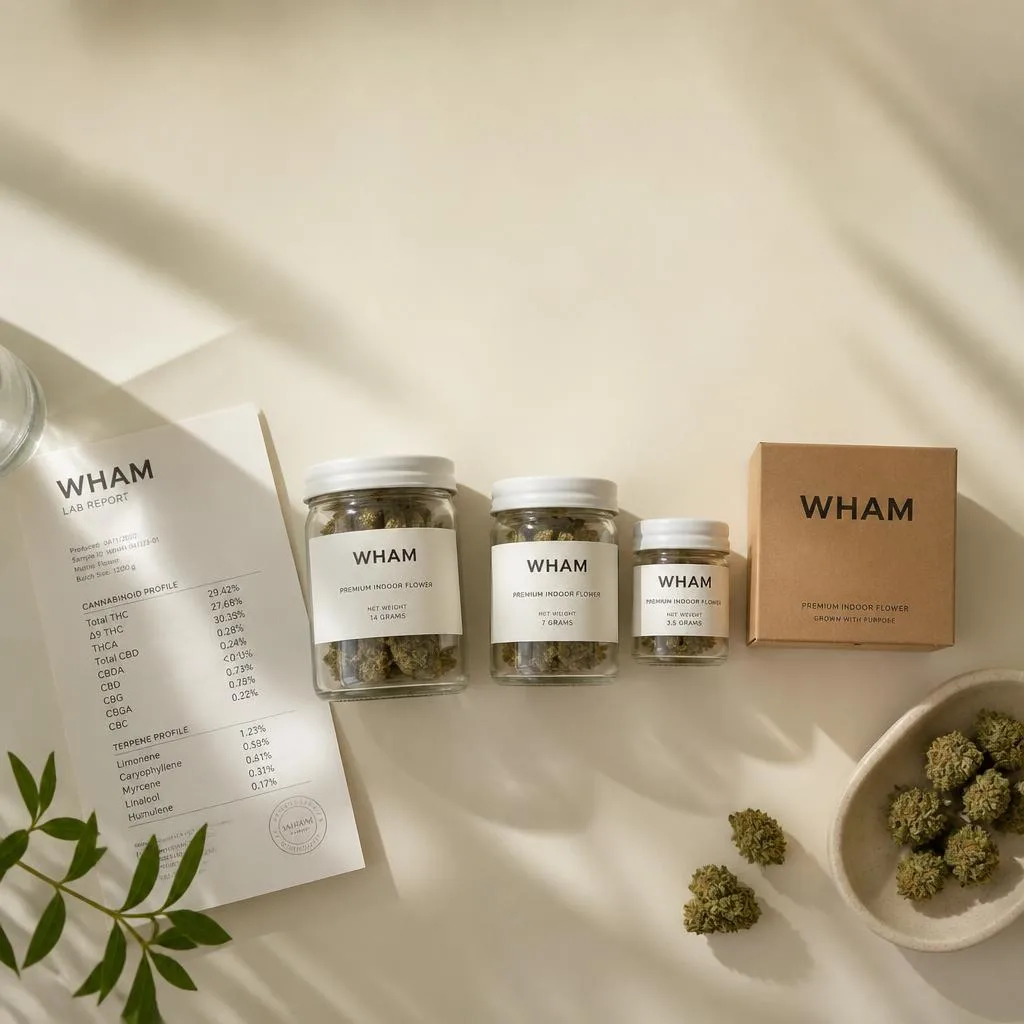 WHAM THCa flower jars in multiple sizes beside a lab report, illustrating THCa price by weight.