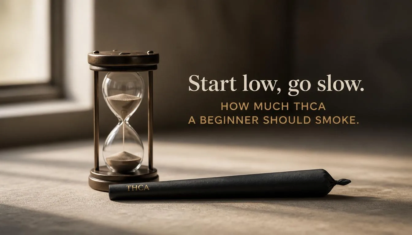 An hourglass beside a single pre-roll — start low, go slow: how much THCa a beginner should smoke