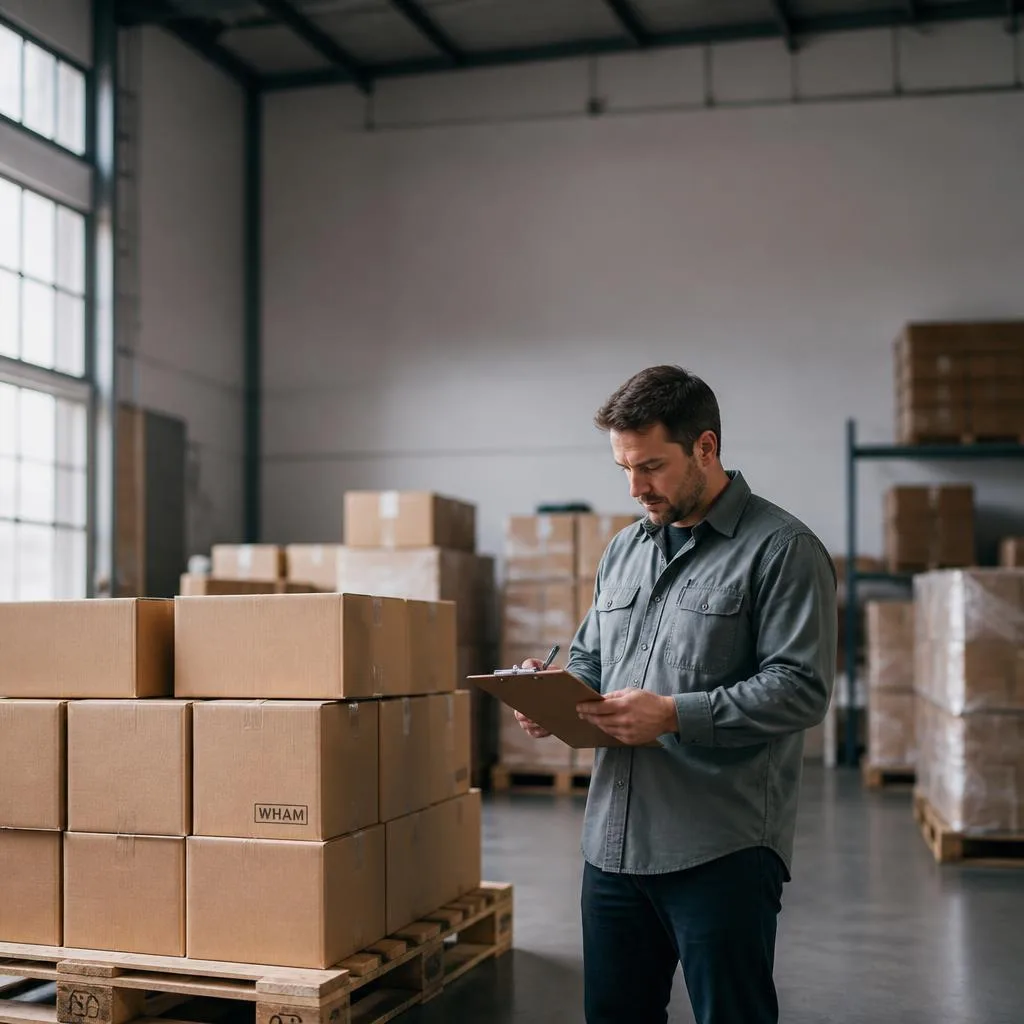 A buyer in a work shirt reviewing a clipboard beside a pallet of plain kraft WHAM cartons in a warehouse at morning.