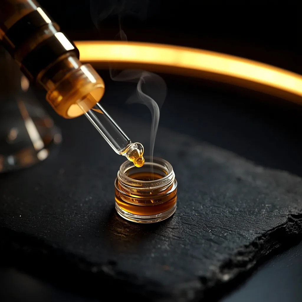 Clean quartz banger and glass dab tool lifting golden THCa concentrate on a dark slate surface, warm cinematic light
