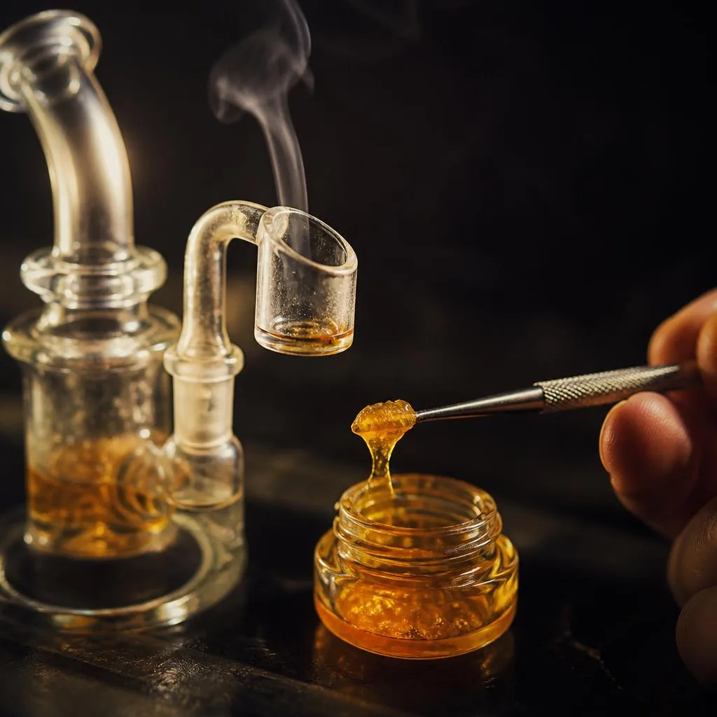 A dab tool lifting amber THCa concentrate beside a glass rig, illustrating how to dab.