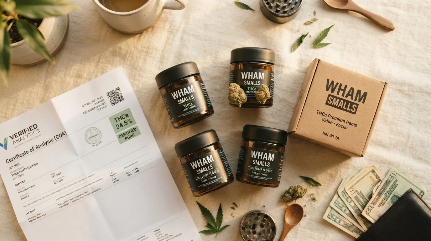 WHAM THCa smalls jars and a lab report laid out flat, illustrating how to get the best THCa deals.