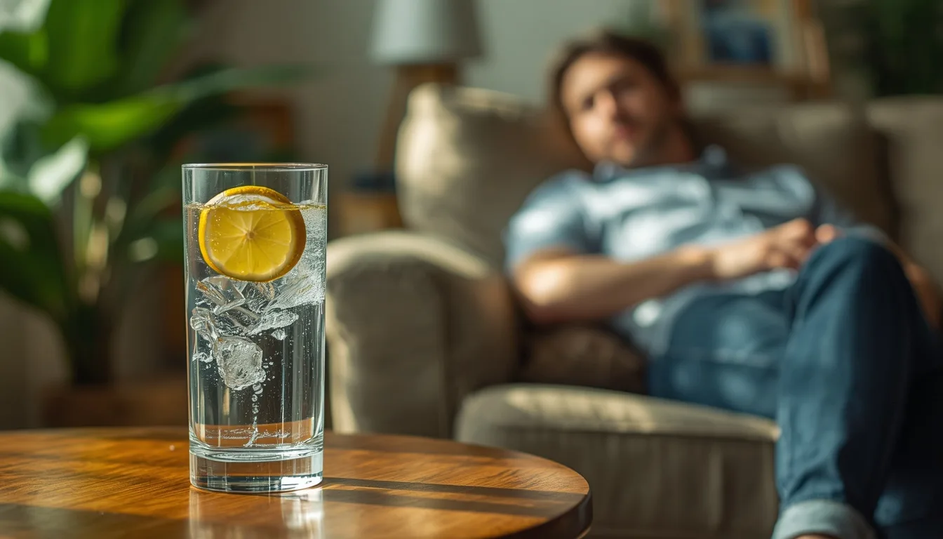 Glass of water with lemon beside someone resting on a couch
