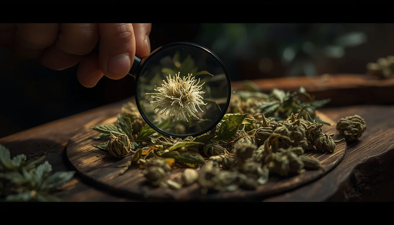 Hand inspecting dried botanical flower with a magnifying glass