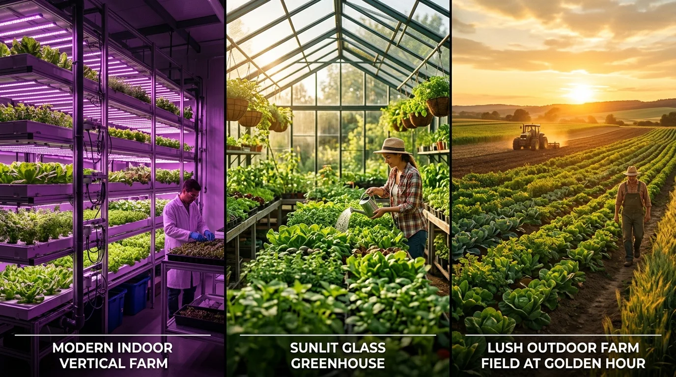 Indoor LED farm, glass greenhouse and outdoor farm field compared