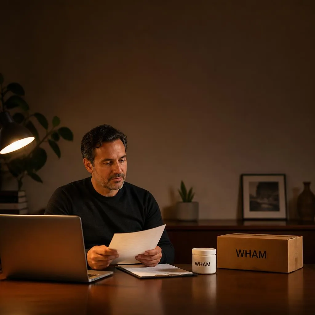 A man at a home desk in the early evening reading a printed document, an unopened WHAM shipping box beside him.