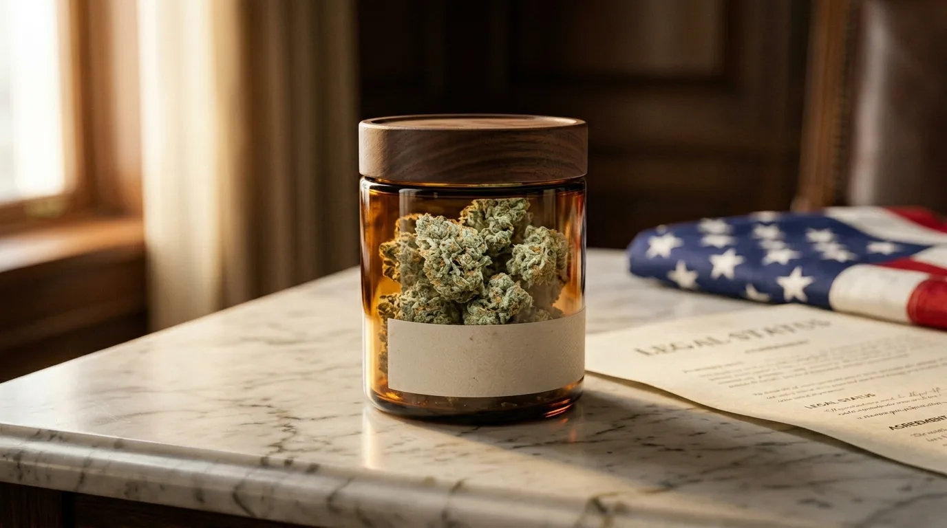 Premium THCa flower jar beside legal documents and a U.S. flag — the 2026 federal hemp law explained