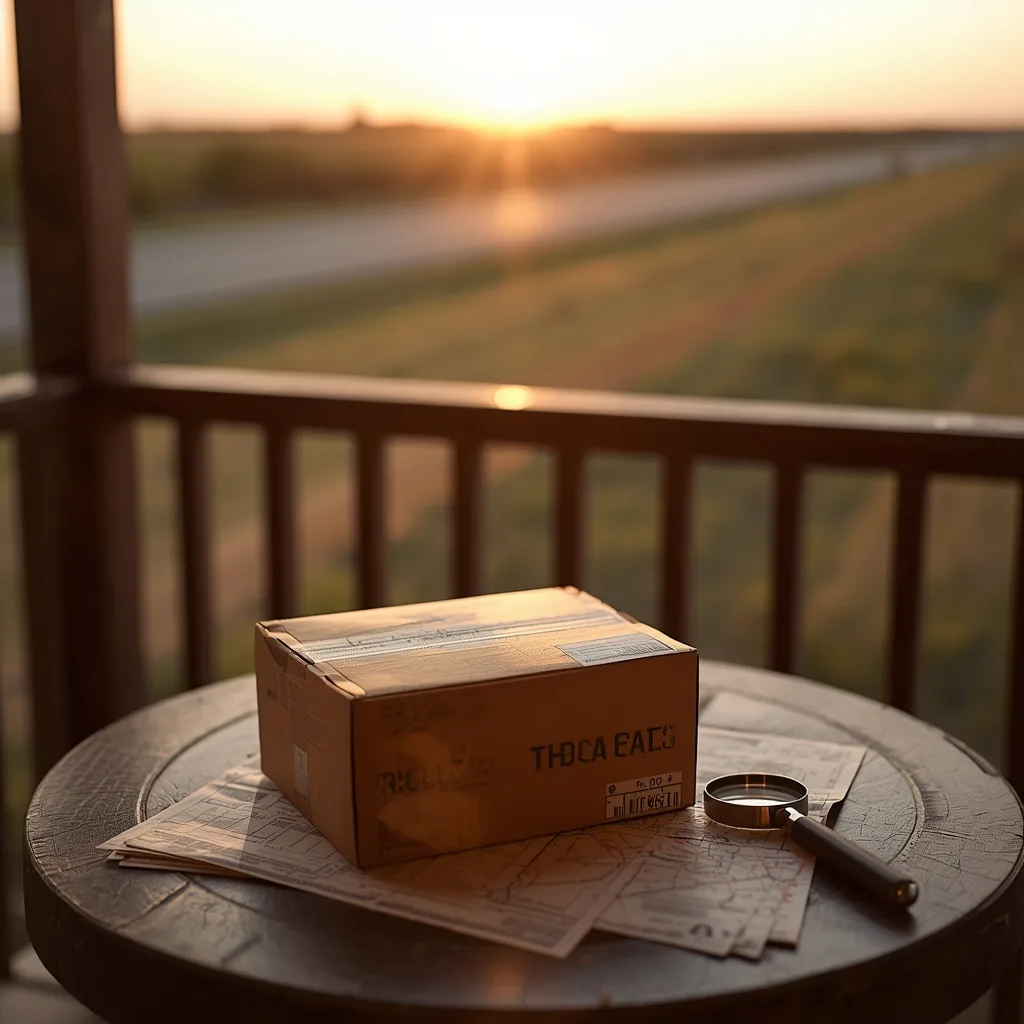 Discreet shipping parcel on a wooden porch table at golden hour with a soft Texas landscape behind it, evoking legal THCa delivery and verification.