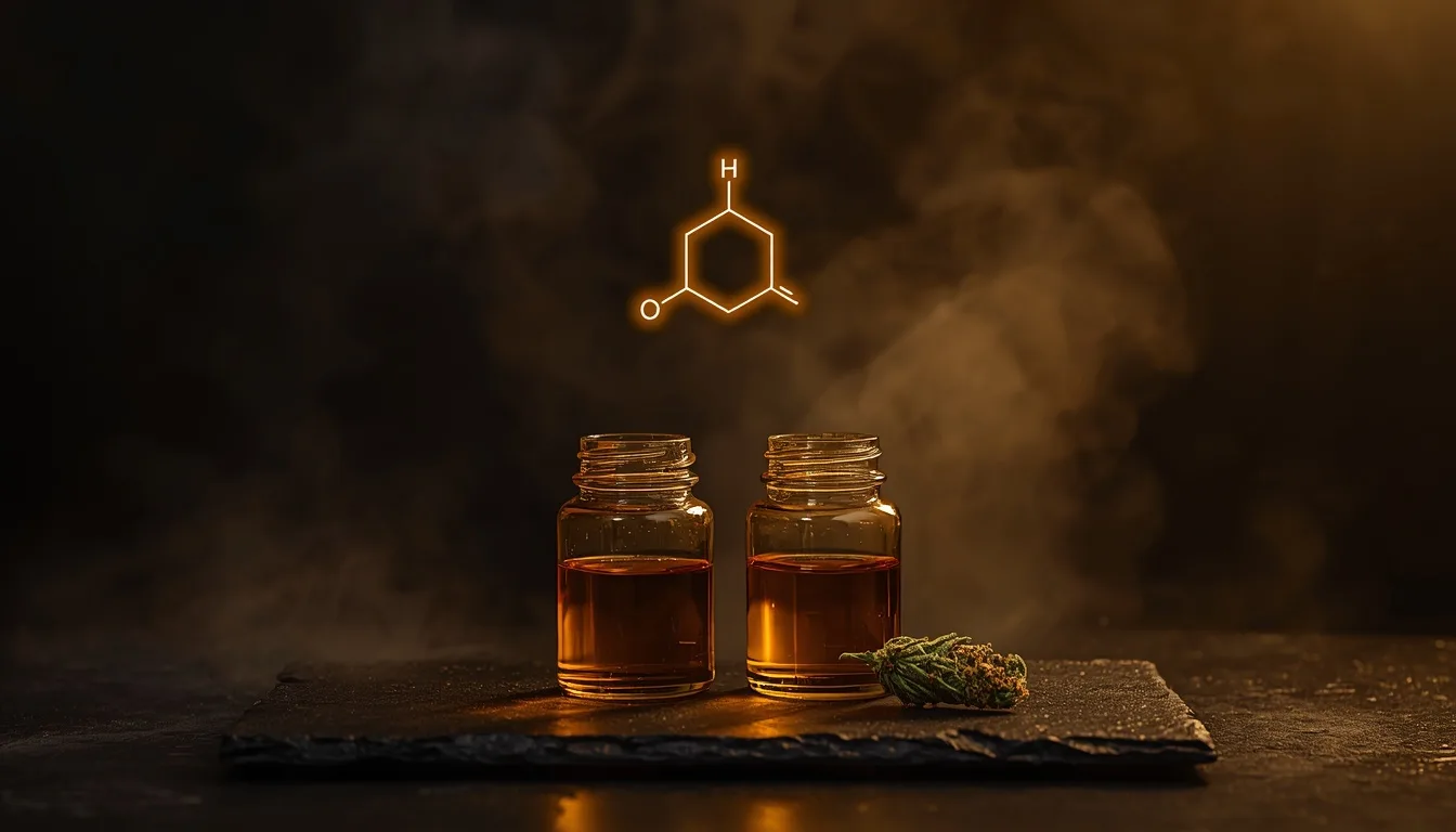 Molecular diagram above two identical amber jars — THCa is the same cannabis plant as regular weed