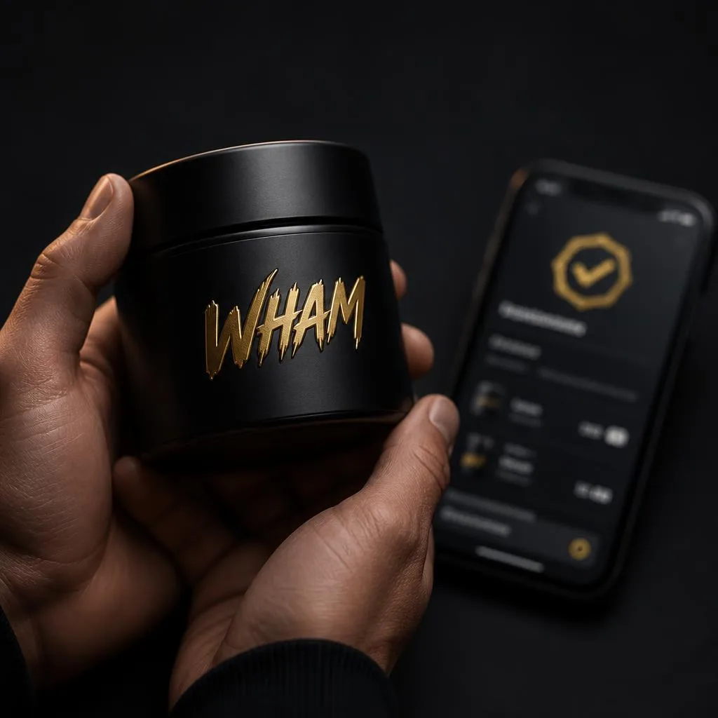 Hands holding an official matte-black WHAM branded jar beside a phone showing a verified checkout, cinematic dark studio lighting.
